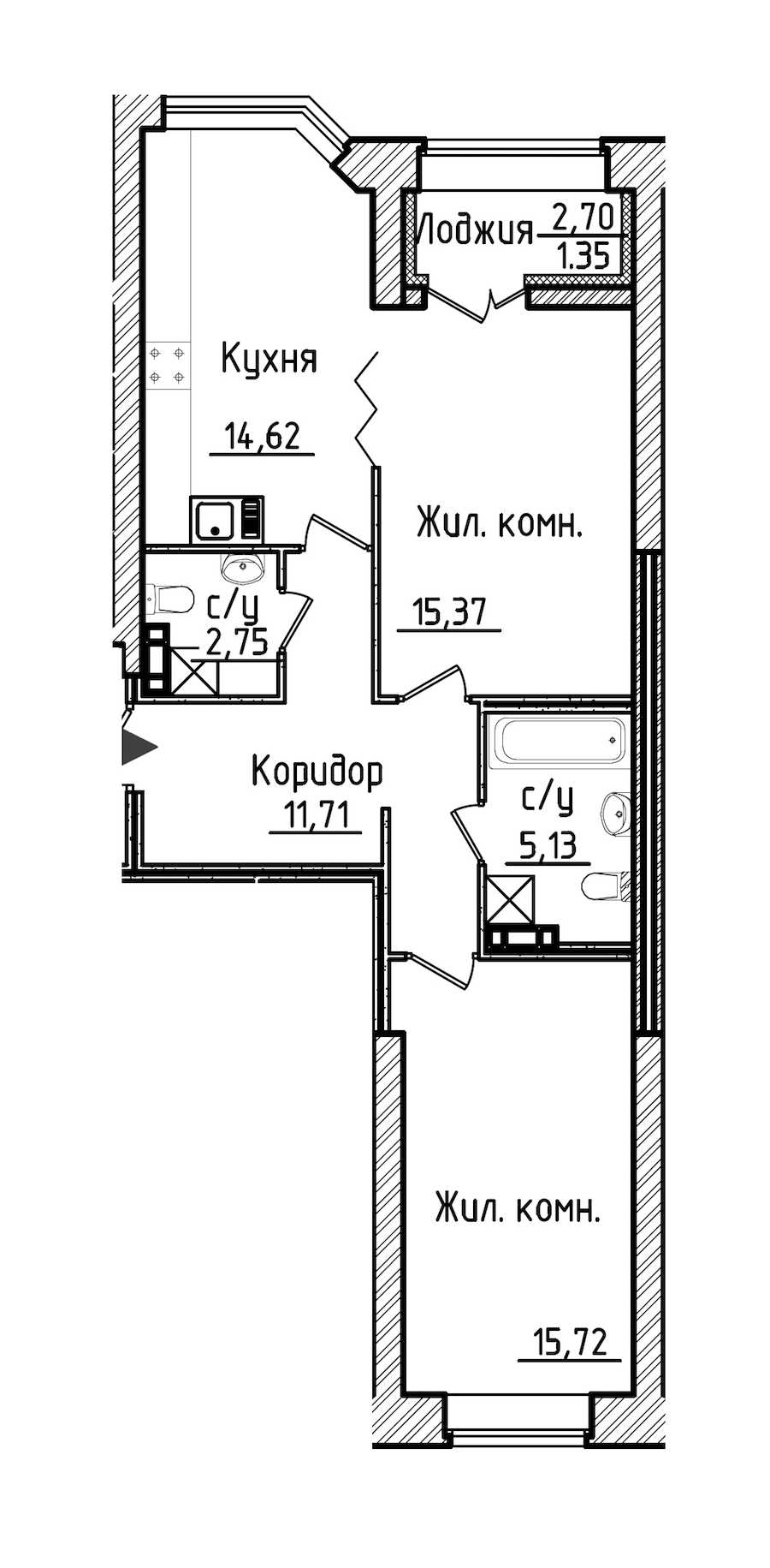 Двухкомнатная квартира в : площадь 66.65 м2 , этаж: 3 – купить в Санкт-Петербурге